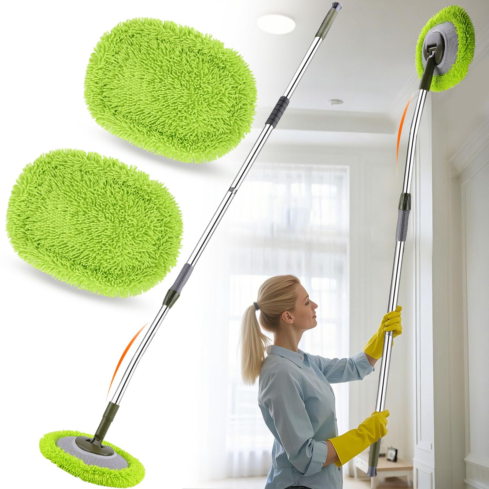 Wall Mop,Wall & Baseboard Cleaner Mop Tool with 71.3'' Long Handle,Ceiling Dust Mop with 15° Labor-Saving Extension Pole,Rotatable Adjustable Cleaning Tool Duster for Cleaning Window,Tile,Home,Green