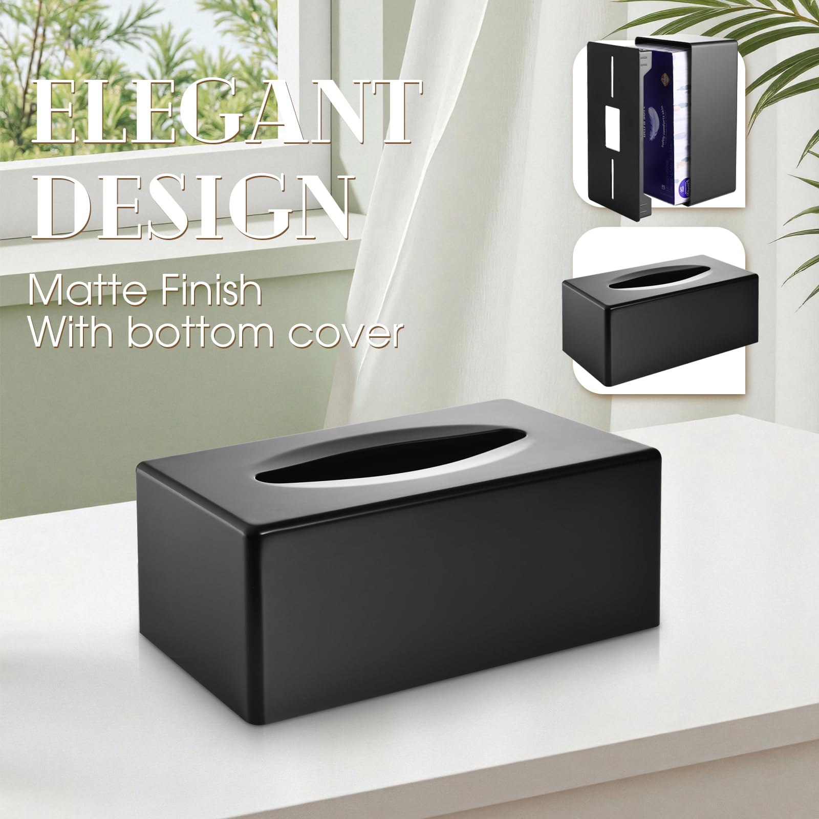Y-in Hand Tissue Box Cover, Rectangular Facial Tissue Holder with Bottom, Decorative Storage Organizer Box for Bathroom Vanity, Countertops, Dressers, Night Stand, Parlors and Offices - Black
