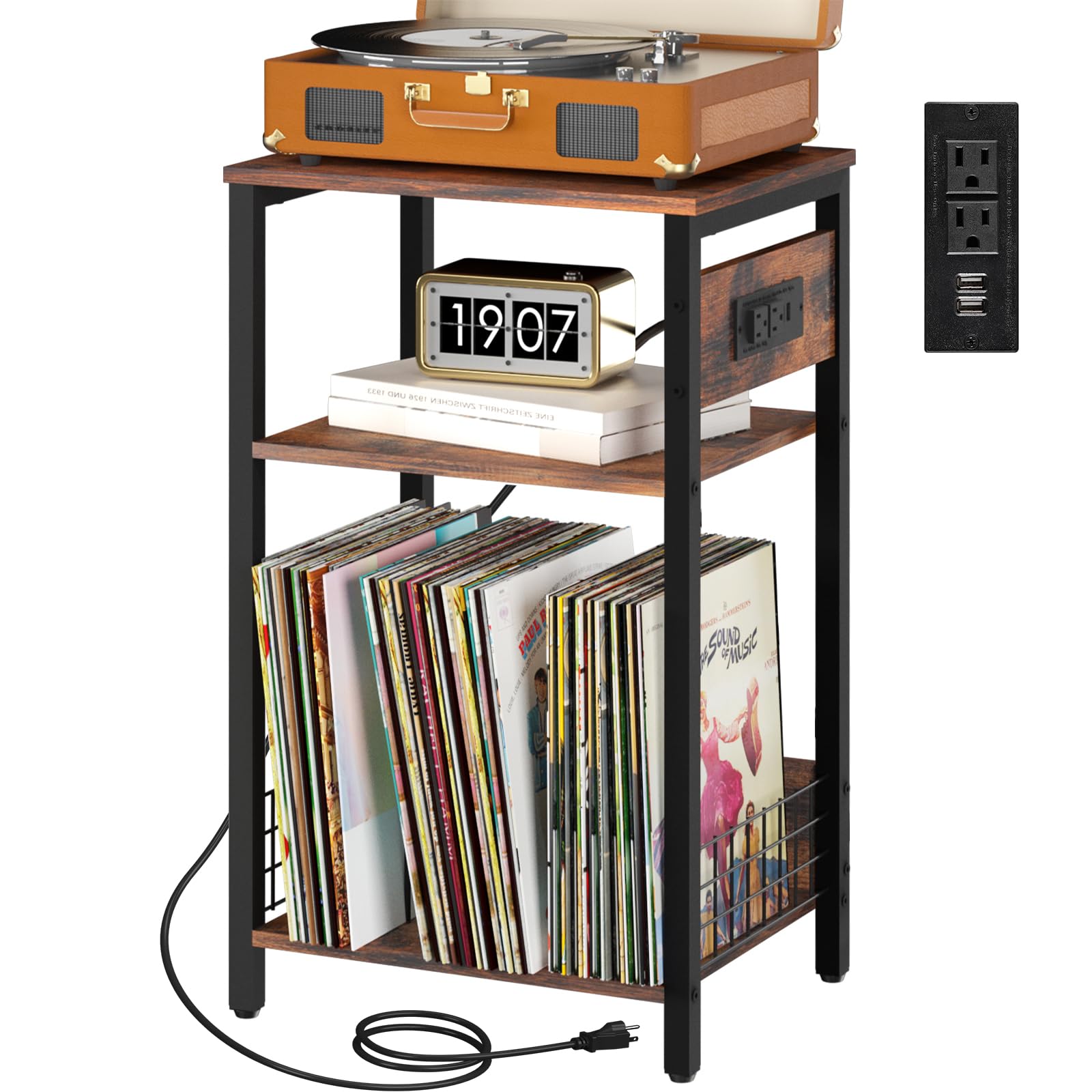 Yoobure Record Player Stand, 3-Tier White Side Table with Charging Station, Small End Table Record Holder with Vinyl Storage, Beside Tables Turntable Stand for Album CD, Night Stand for Living Room