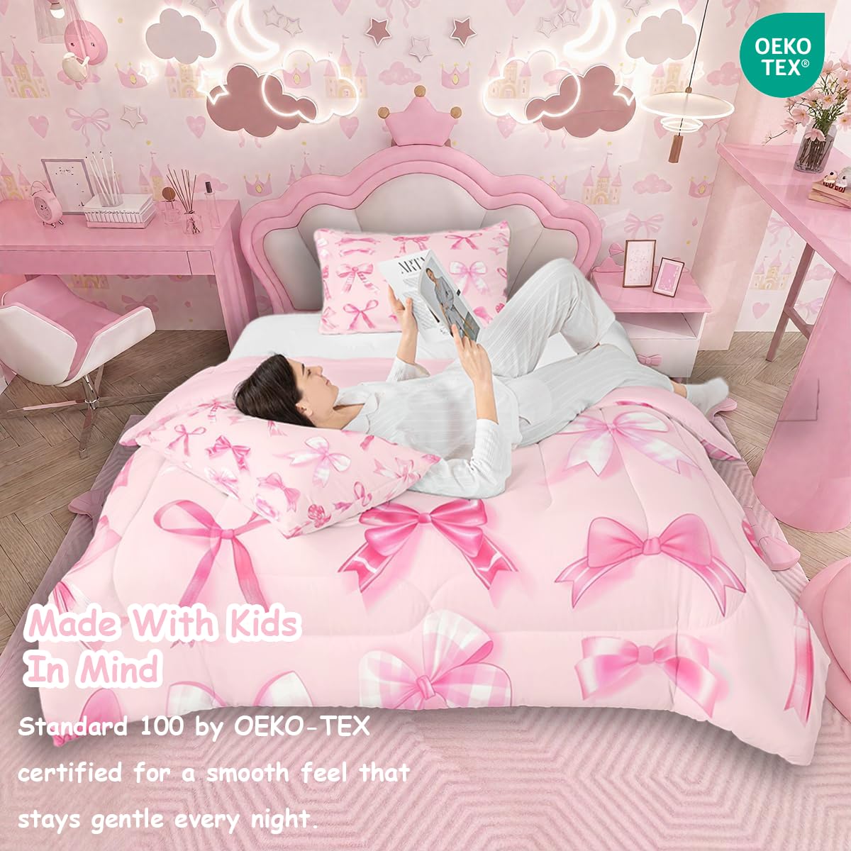 jejeloiu Pink Bow Bedding Set Twin Girls Bow Comforter Set for Kids Teens Girls Cute Bowknot Comforter Breathable Soft Lightweight Microfiber Kawaii Cute Pink Room Decor