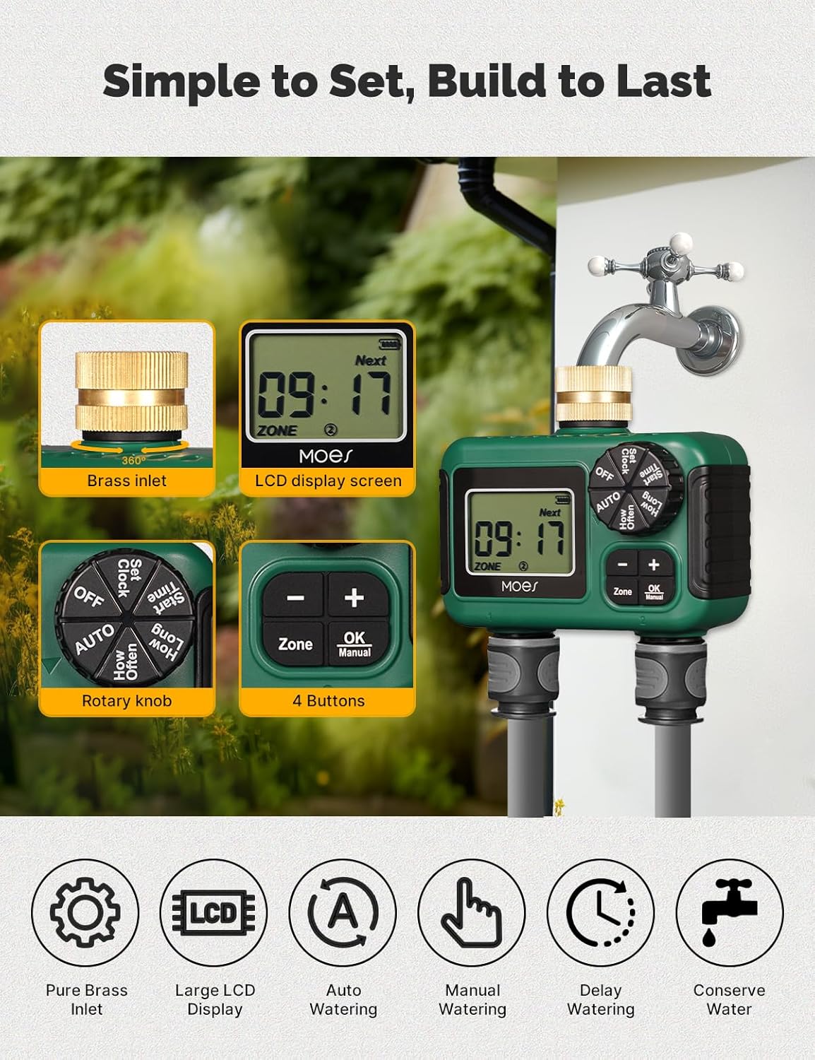 MOES 2 Zone Sprinkler Timer - Programmable Brass Inlet Irrigation Controller | Automatic Watering System
