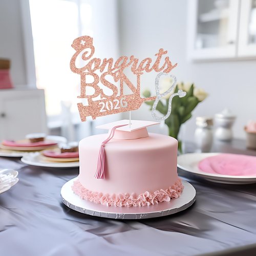 BSN 2026 Cake Topper - Rose Gold Glitter Graduation Decorations for Nurse RN Medical School