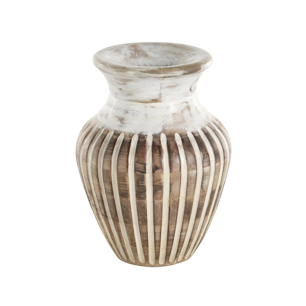 Deco 79 Mango Wood Decorative Vase Distressed Centerpiece Vase with Carved Grooves, Vase for Home Decoration 8" x 8" x 11", Brown