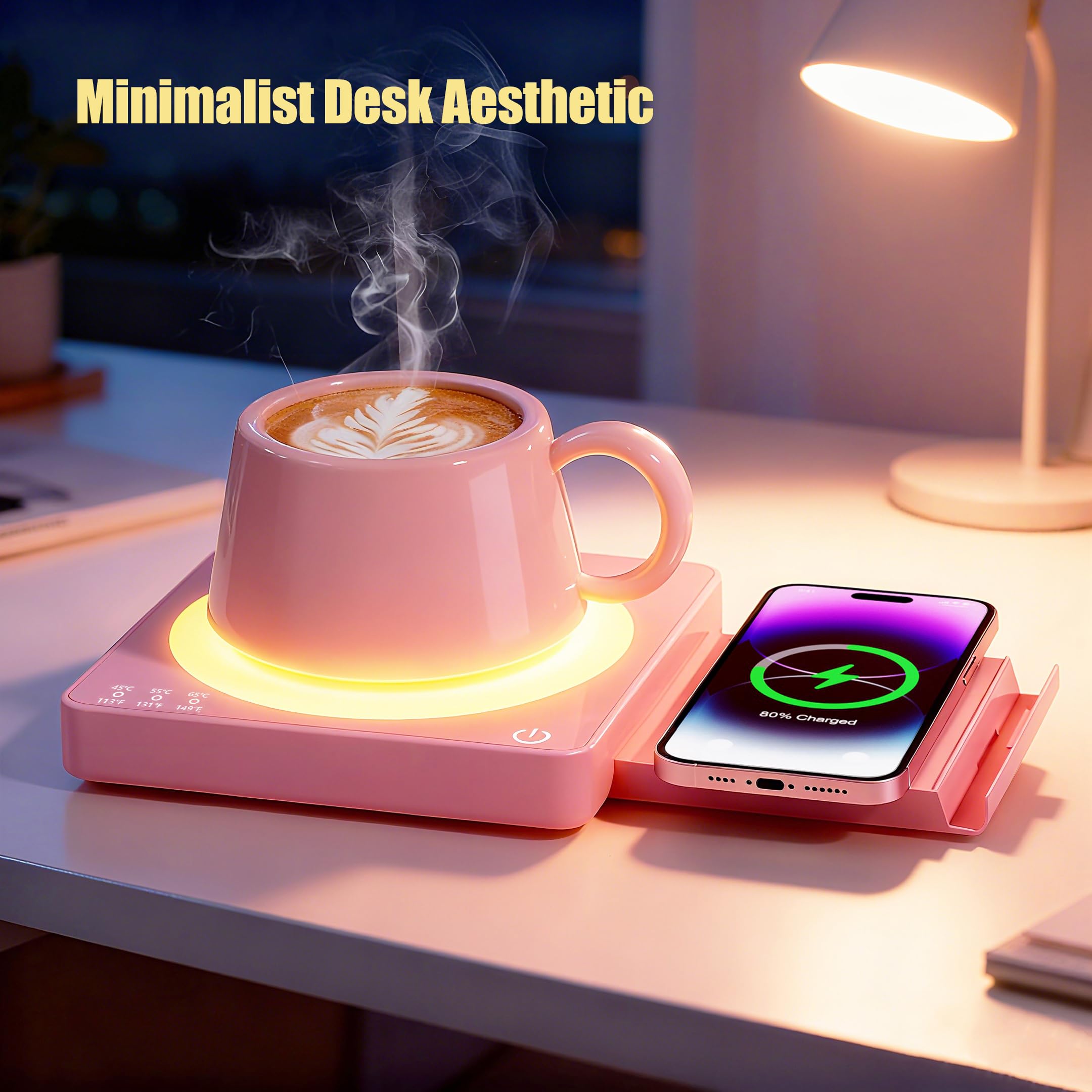 Mug Warmer with 15W Wireless Charger, Aesthetic Desktop Accessory with Night Light & Phone Stand, Ideal Office Tech Gift for Women, Girlfriend, Boss, Her, 3 Temp Coffee Warmer for Desk - Rose Pink