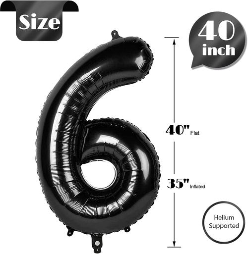 IWERP Black 40-Inch Number Balloon - 6th Birthday Decorations for Boys & Girls | Reusable & Self-Sealing