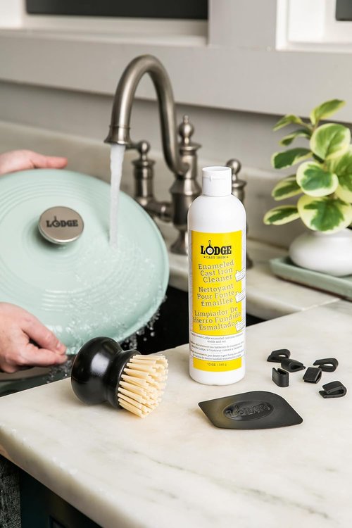 Lodge Enameled Cast Iron Cleaner Kit - 11oz Cleaner, Scraper, Brush & Pot Protectors | 5-Piece Set