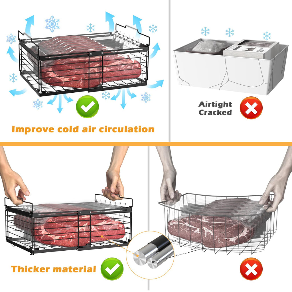 NADAMOO Freezer Organizer Bins, 4 Packs Large Expandable Stackable Chest Freezer Containers with Handle, Metal Adjustable Storage Baskets for Fridge, Deep Freezer, Cabinet, Kitchen, Pantry - Black
