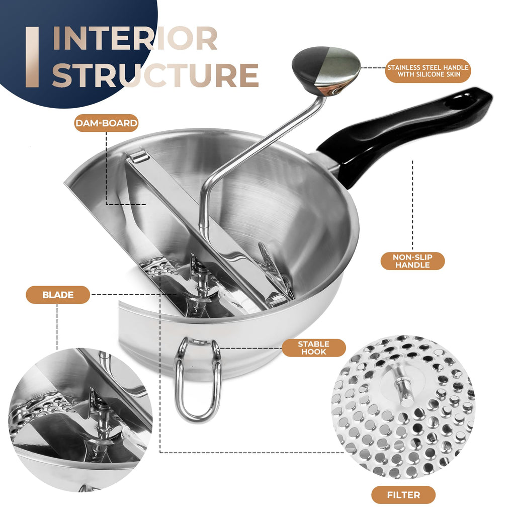 Food Mill Stainless Steel With 3 Grinding Discs and Complete Canning Supplies Starter Kit of 8-Includes Tongs, Jar Lifter, Wrench, Lid Lifter, measurer,Funnel,Labels,Multifunctional Spoon(DM-BL-GR)