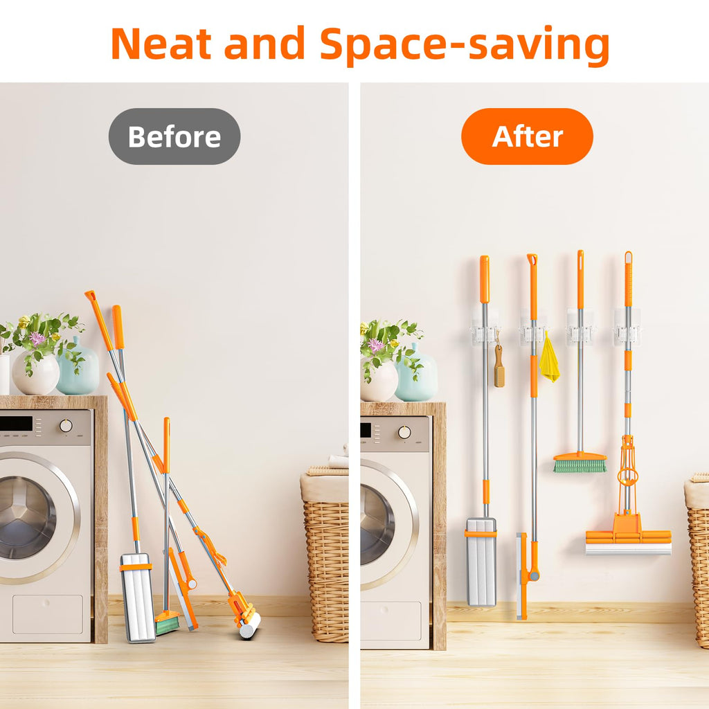 Batur Broom Holder Wall Mount, 4 Pack New Version Adhesive Mop and Broom Holder Wall Mount, Super Anti-Slip Broom Hanger Mop Organizer Wall Hanging for Bathroom, Kitchen, Laundry Room