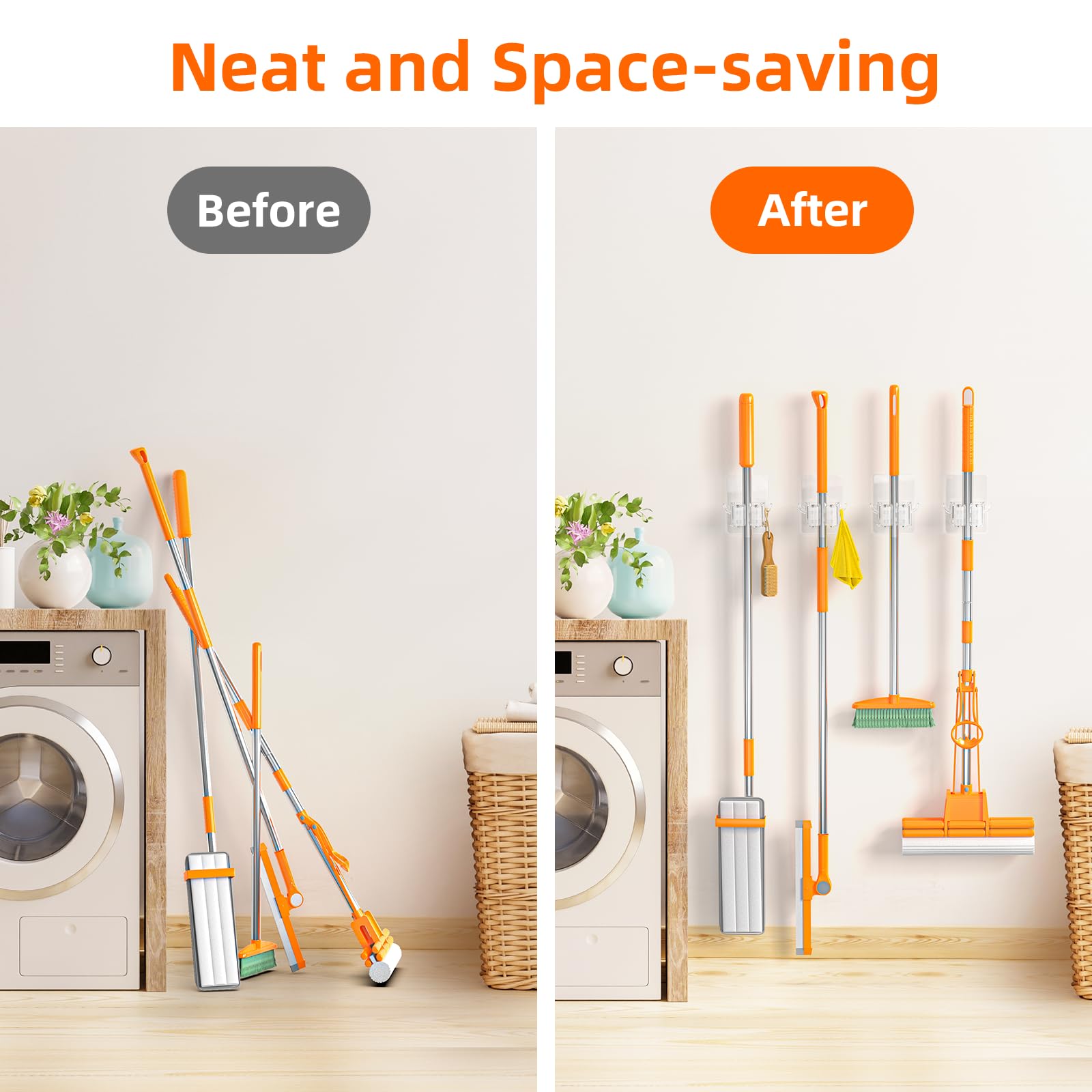 Batur Broom Holder Wall Mount, 4 Pack New Version Adhesive Mop and Broom Holder Wall Mount, Super Anti-Slip Broom Hanger Mop Organizer Wall Hanging for Bathroom, Kitchen, Laundry Room