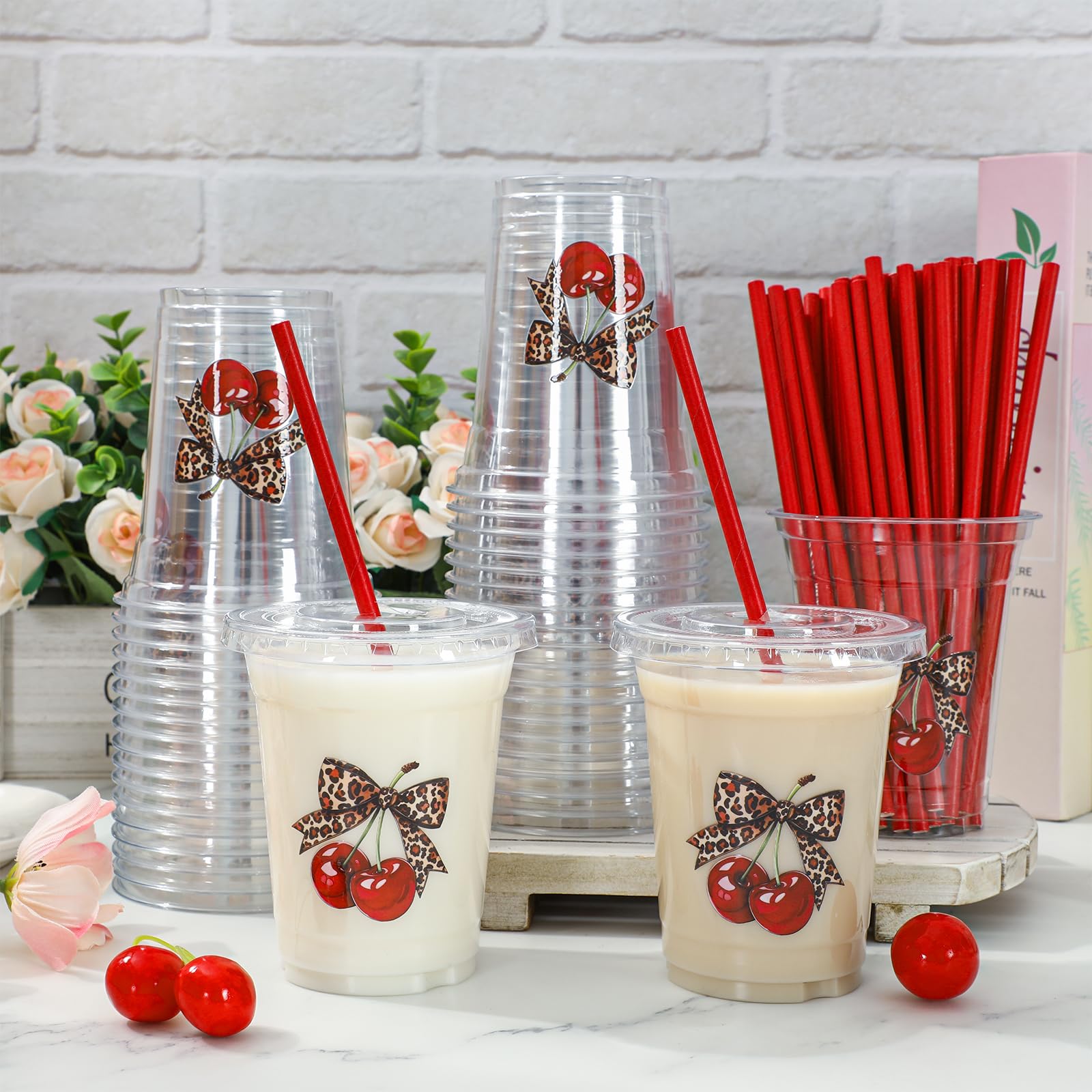 JarThenaAMCS 50Pcs Leopard Cherry Plastic Cups with Lids Straws Disposable Cups 12oz Cheetah Print Red Cherry Drinking Cup for Bride Shower Girls Night Bachelorette Party