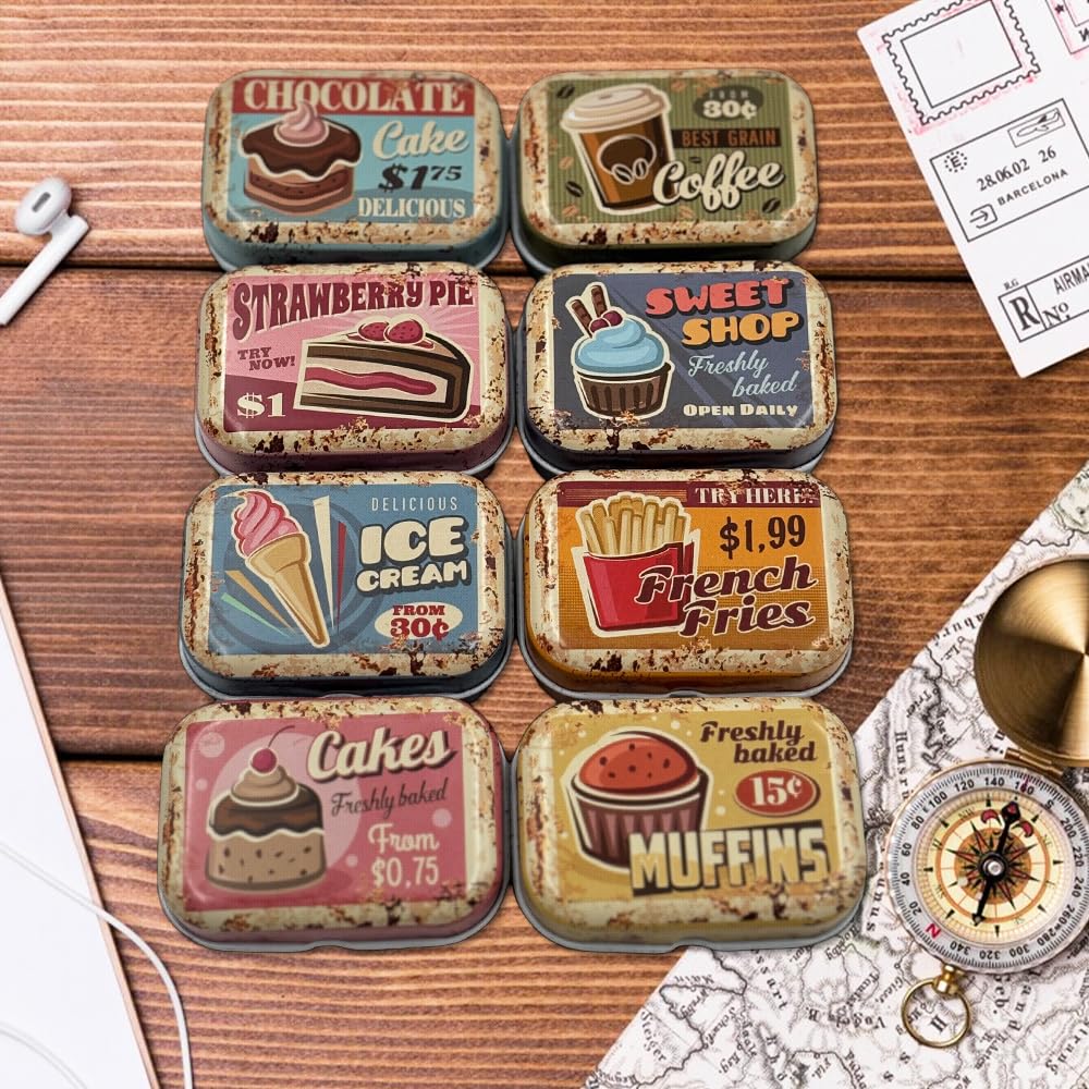 werdecade 8Pcs Mini Flower Tin Trinket Jewelry Organizer Storage Box Decorative Boxes Small Metal Tins with Hinged Lids Portable Box Containers Small Storage Kit (Vintage Dessert)