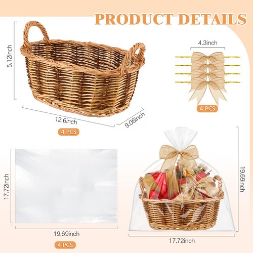 GlikCeil 4 Sets Basket for Gifts Empty Large Wicker Baskets with Gift Bags and DIY Bow Rectangular Woven Stackable Goodies Basket with Handle for Baby Shower Birthday Wedding Housewarming