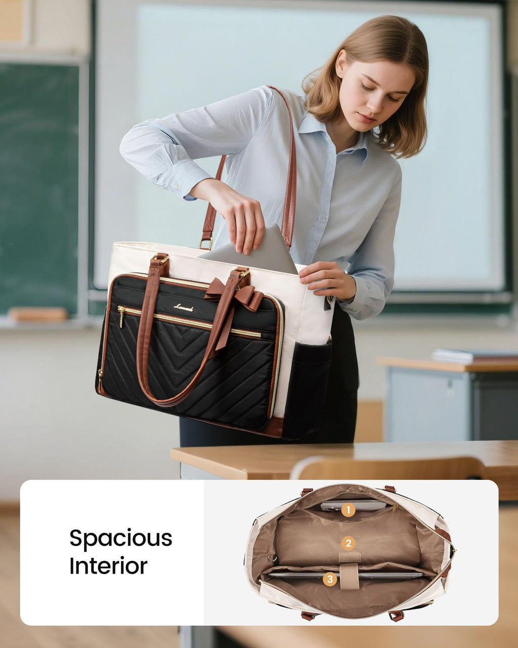 LOVEVOOK Lunch Bag, Tote Bag for Women with Insulated Lunch Compartment, Laptop Bag with Large Capacity & Cup Holder, Work Tote for Teacher, Nurse, Travel, College, Daily, Black-Beige-Brown, 15.6 Inch