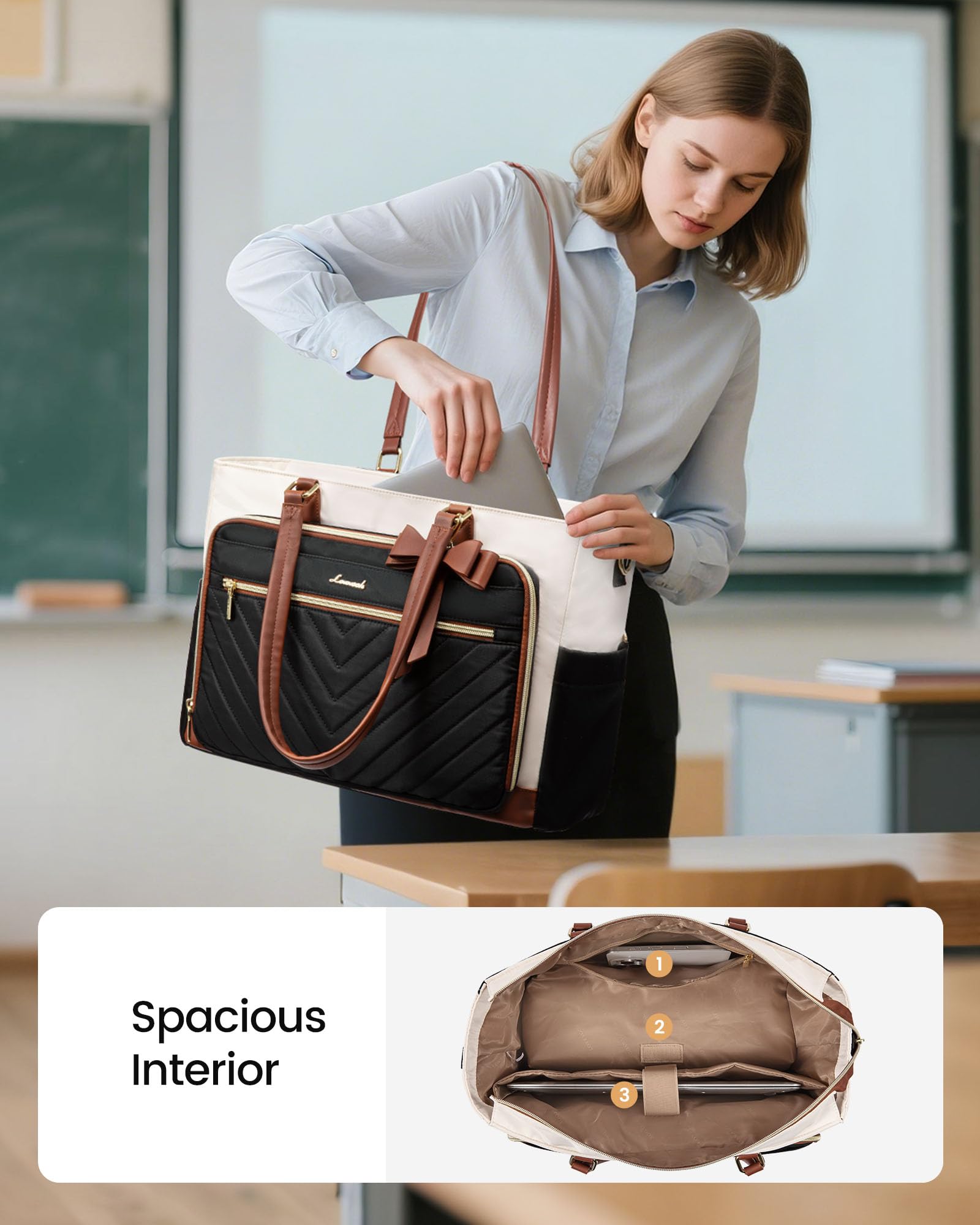 LOVEVOOK Lunch Bag, Tote Bag for Women with Insulated Lunch Compartment, Laptop Bag with Large Capacity & Cup Holder, Work Tote for Teacher, Nurse, Travel, College, Daily, Black-Beige-Brown, 15.6 Inch