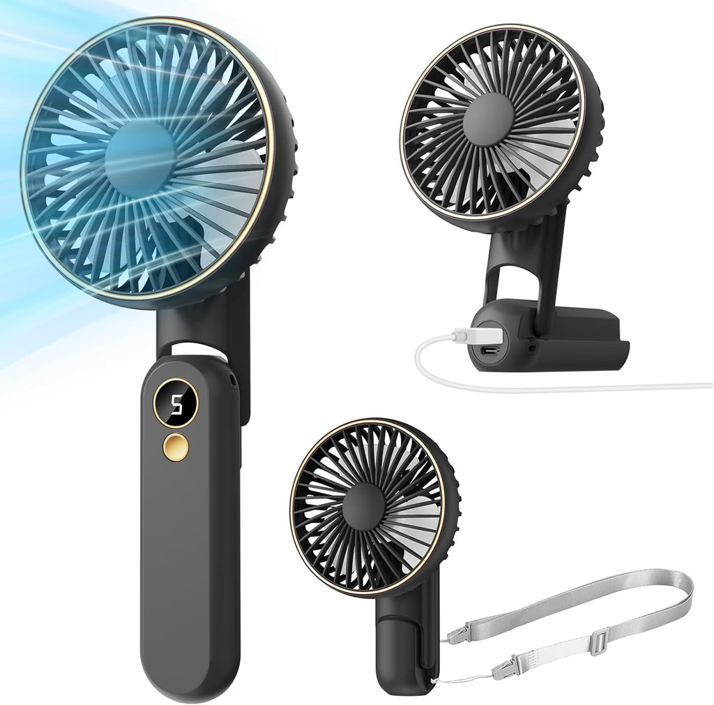 Skiennix Portable Handheld Fan - USB Rechargeable Mini Fan with 5 Speeds & LED Display | 180° Foldable, Black