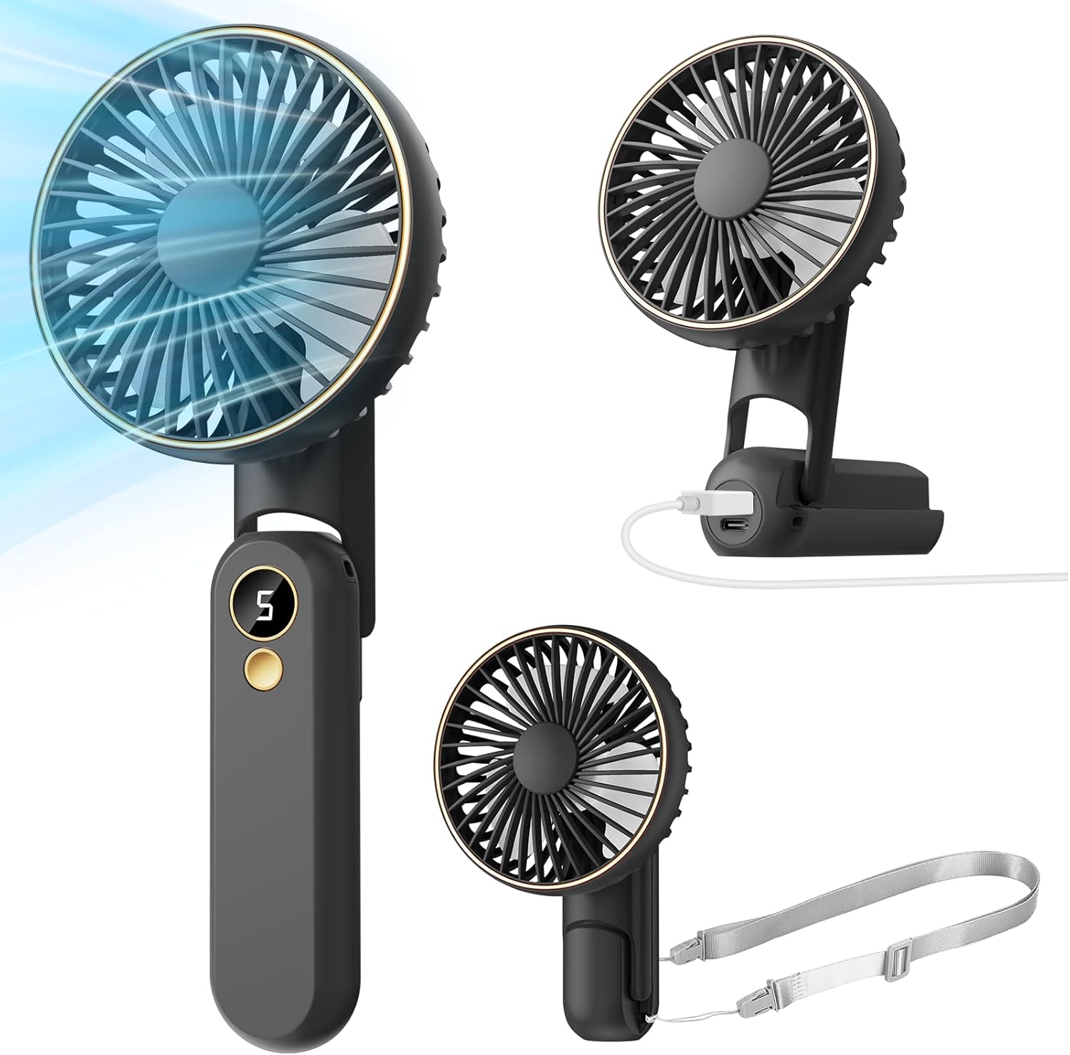 Skiennix Portable Handheld Fan - USB Rechargeable Mini Fan with 5 Speeds & LED Display | 180° Foldable, Black