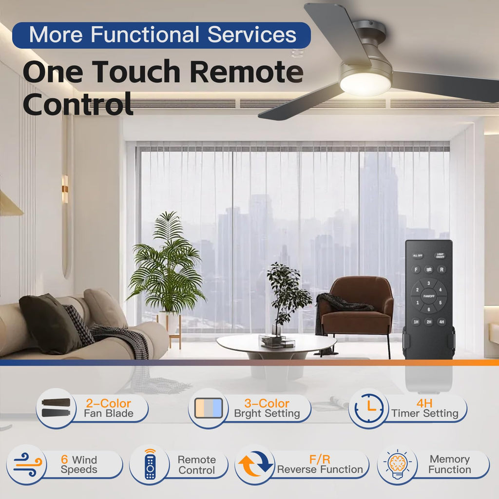 Ceiling Fans with Lights, 42 Inch Ceiling Fan with Light And Remote, 3CCT Flush Moun Low Profile Ceiling Fans, 6 Speed Noiseless LED Ceiling Fan, Black Ceilings Fan with Remote for Bedroom Living Room
