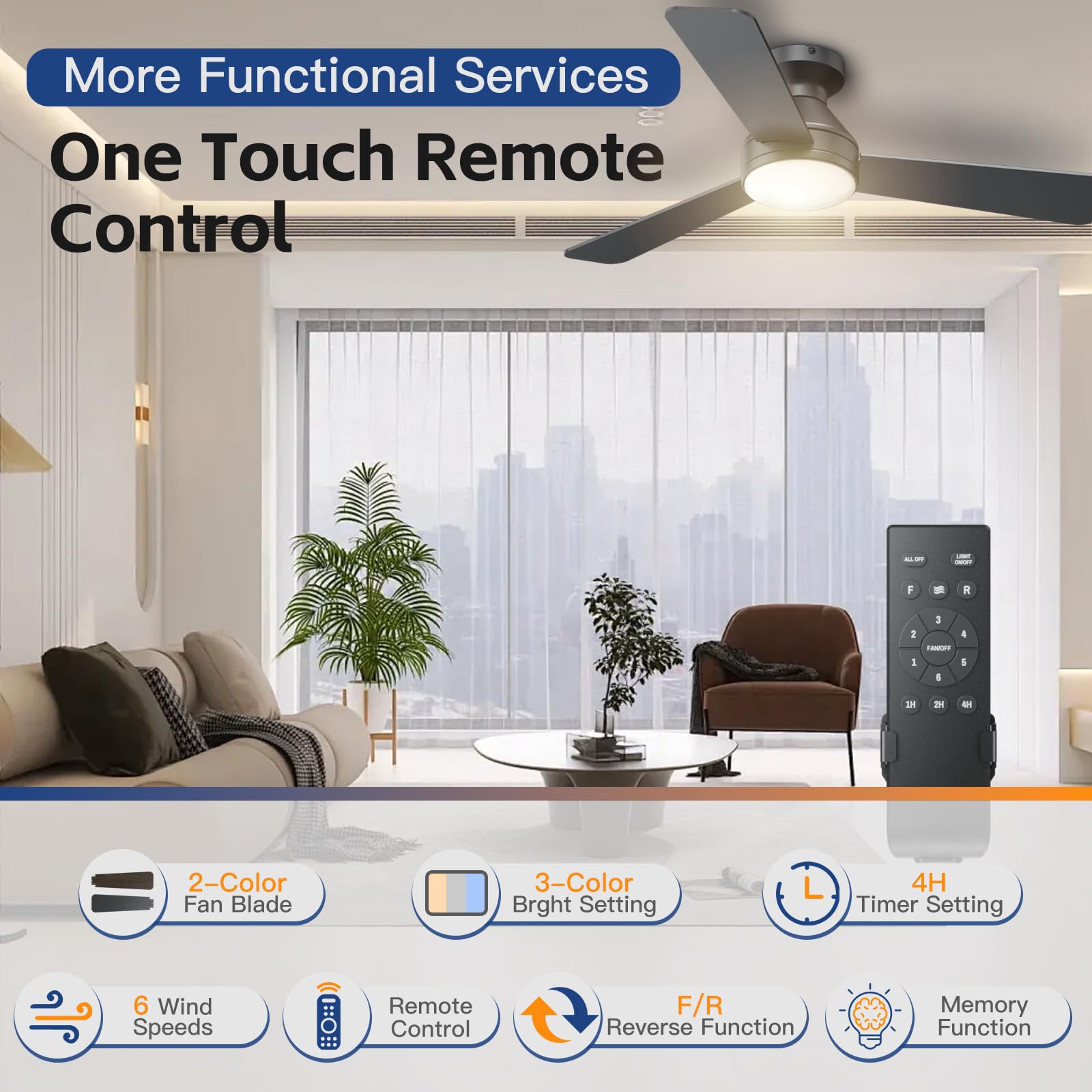 Ceiling Fans with Lights, 42 Inch Ceiling Fan with Light And Remote, 3CCT Flush Moun Low Profile Ceiling Fans, 6 Speed Noiseless LED Ceiling Fan, Black Ceilings Fan with Remote for Bedroom Living Room