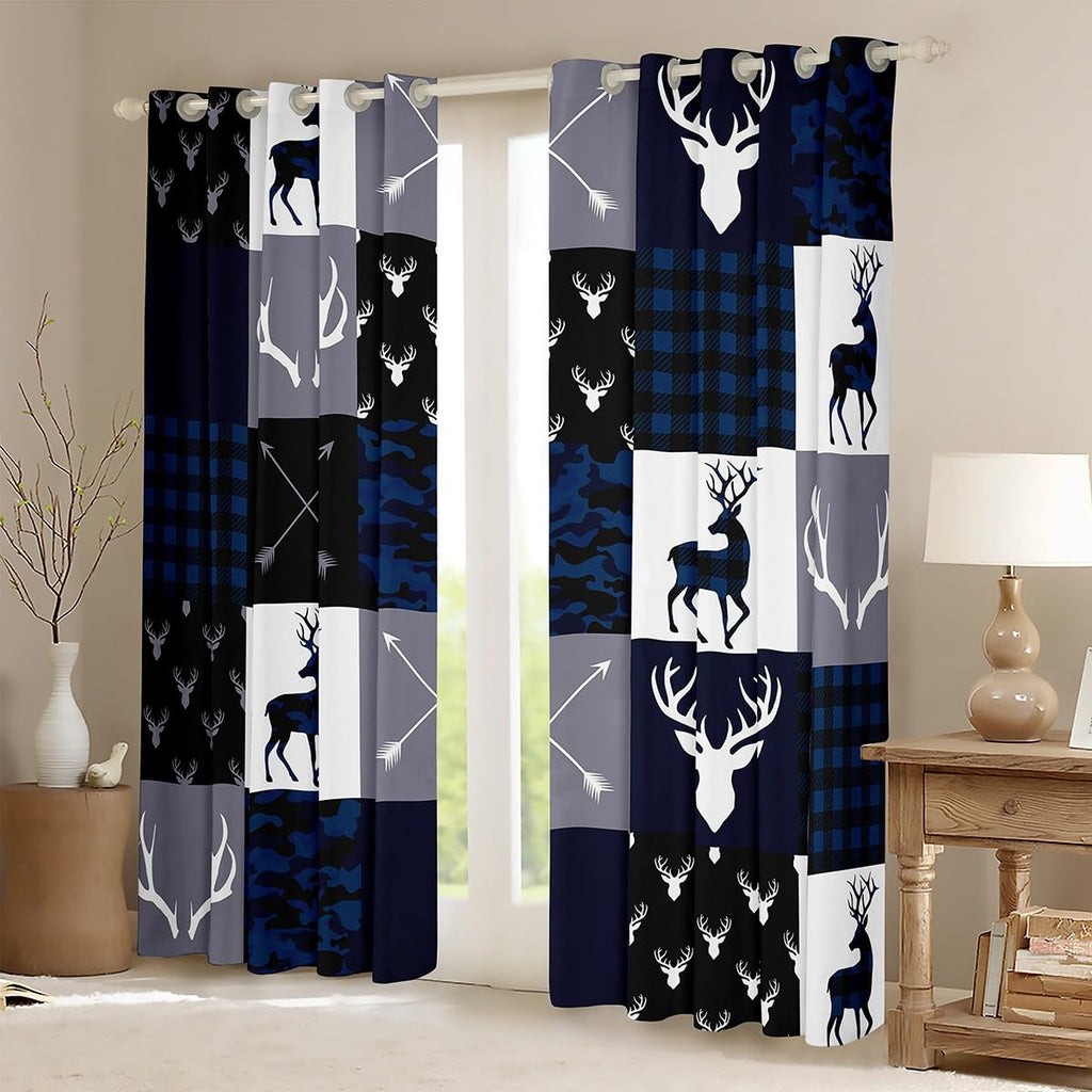 Camo Deer Antlers Blackout Curtains,Geometric Plaid Patchwork Window Drapes for Kids Teens Girls Boys,Boho Arrow Xmas Blue Grey Window Treatments Grommet Top 2 Panel Set Bedroom Curtains,42Wx63L inch