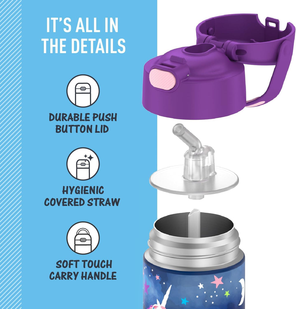 THERMOS FUNTAINER Water Bottle - 12 Ounce Stainless Steel Vacuum Insulated with Straw | Space Unicorn Design