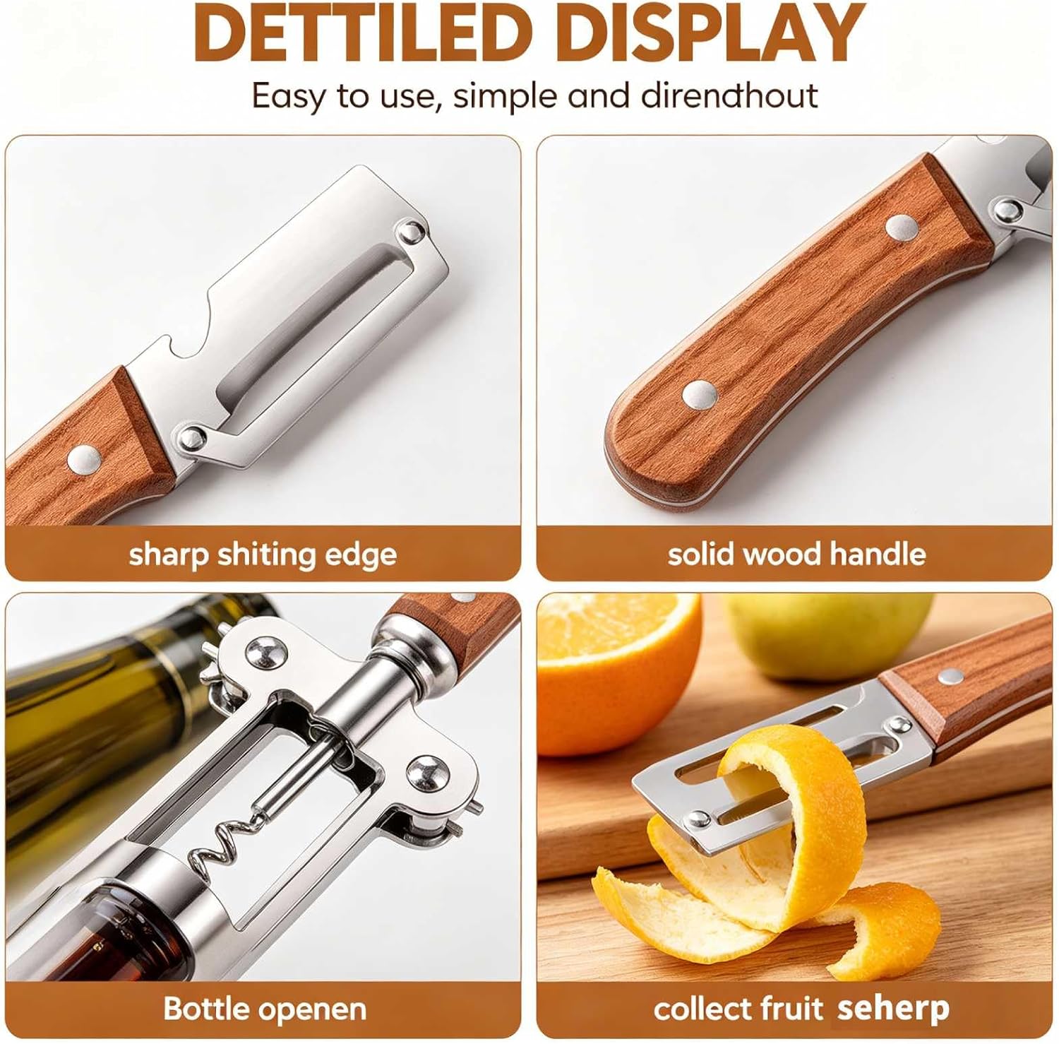 Skiennix 2-in-1 Vegetable Peeler - Multi-Functional Stainless Steel Blade with Wooden Handle | 4-Piece Set