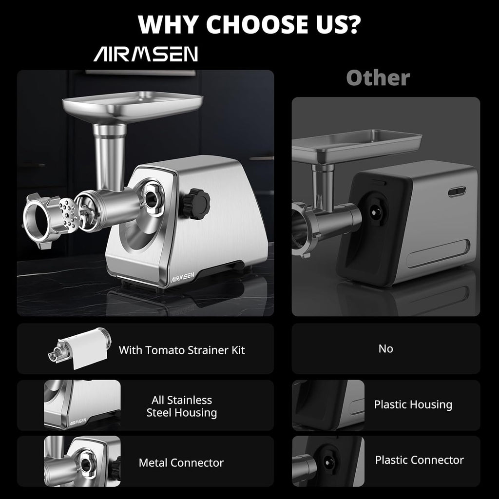 AIRMSEN Electric Meat Grinder & Tomato Sauce Press - Heavy Duty Food Mill for Home Cooking