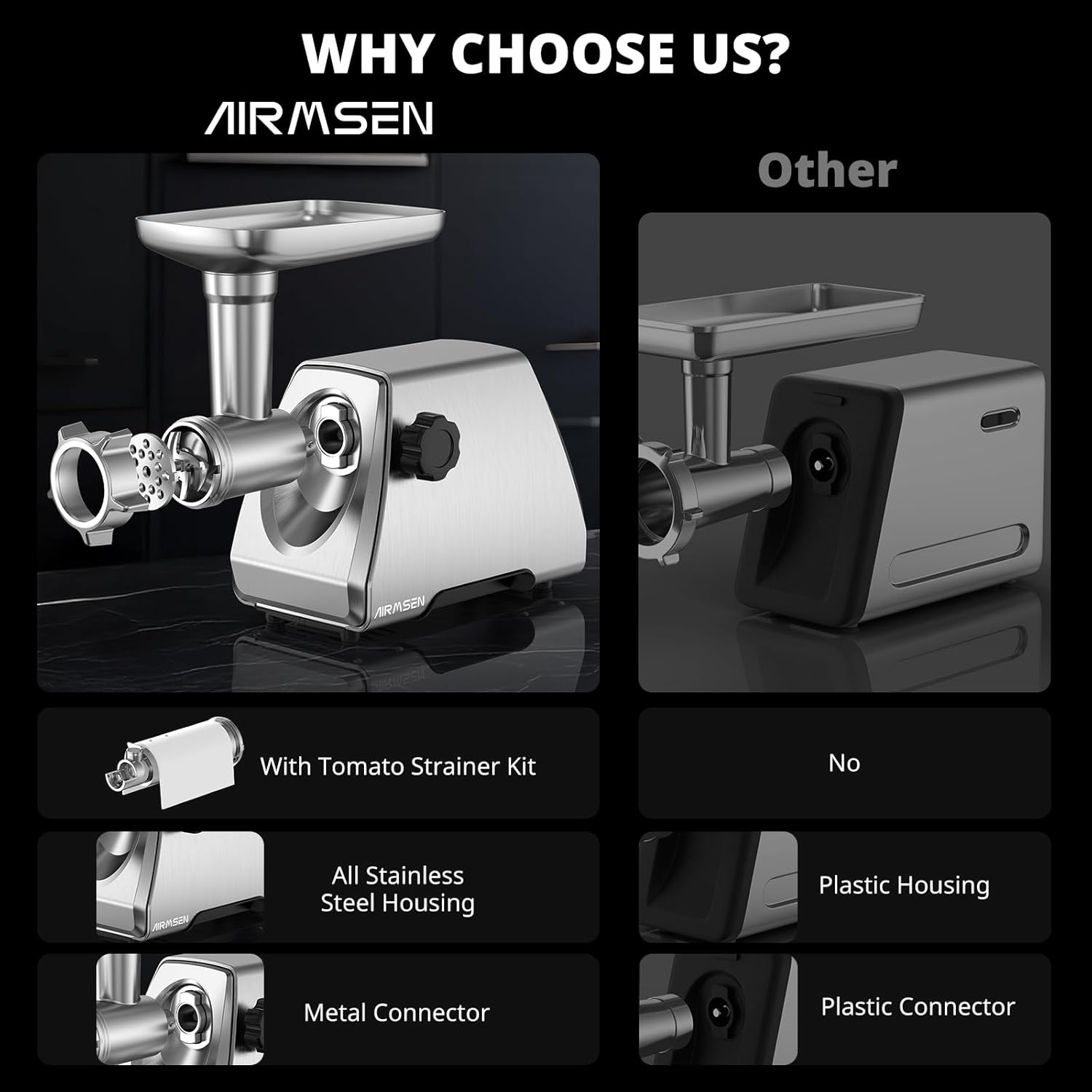 AIRMSEN Electric Meat Grinder & Tomato Sauce Press - Heavy Duty Food Mill for Home Cooking