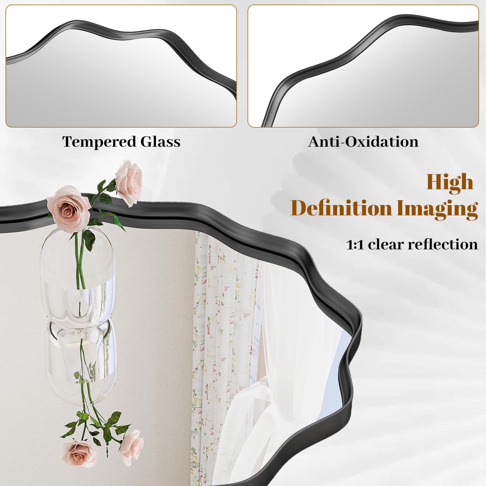 VETROVUE Round Wavy Mirror, 30 Inch Metal Frame Circle Mirror, Round Wall Mounted for Entryway, Bathroom, Vanity, Living Room, Black