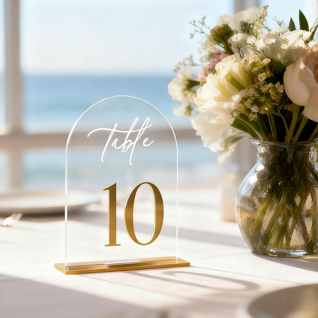 Arch Wedding Table Numbers 1-20 with Stands,5 x 8 Inch Transparent Acrylic Reception Table Signs Golden Letters,Perfect for Wedding Receptions, Parties, Anniversaries, and Events (1-20 golden)