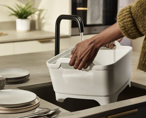 Joseph Joseph Wash & Drain Kitchen Dish Tub Wash Basin with Handles and Draining Plug, 9 liters/2.3 Gallons, Stone/Sage Green