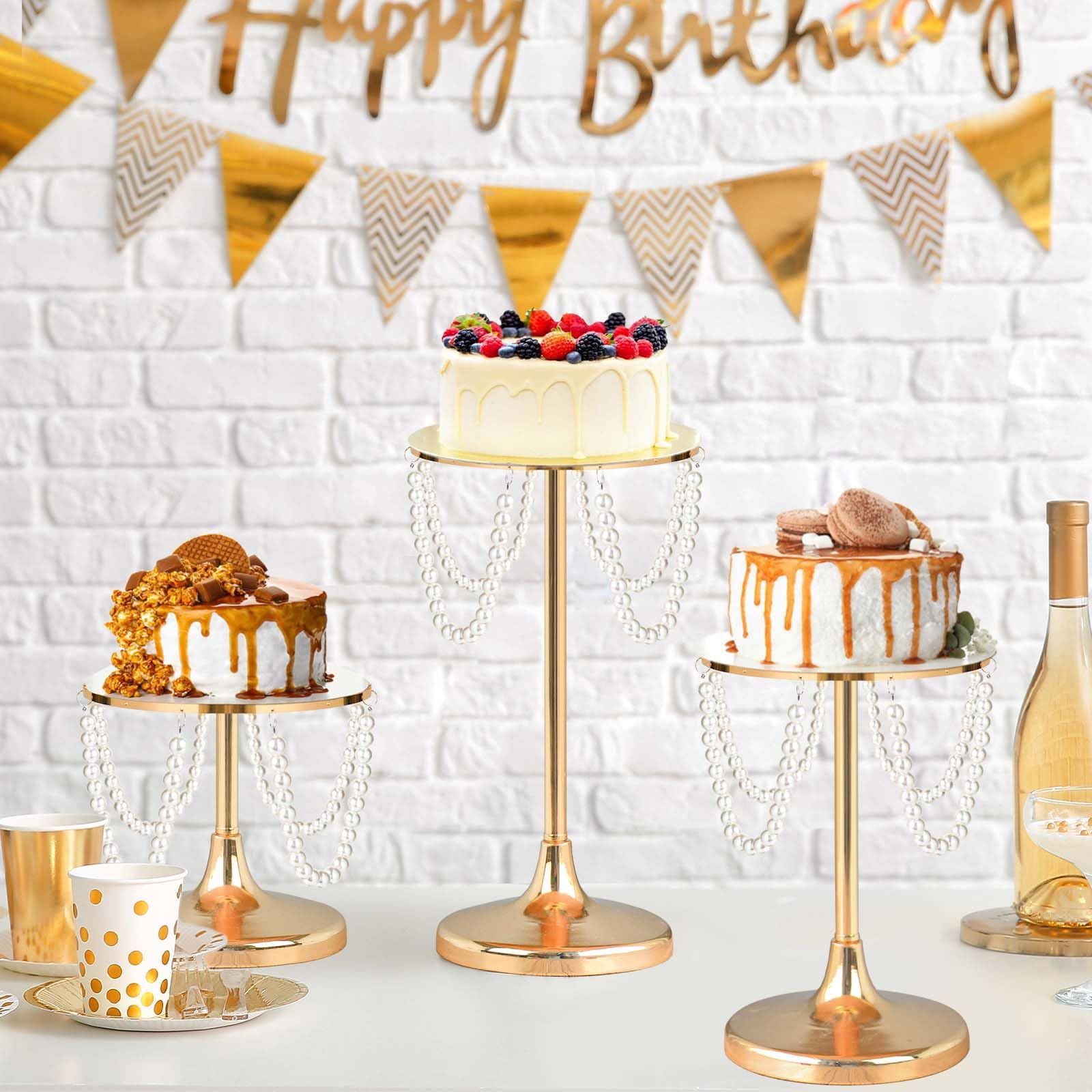 kolnlala Set of 6 Gold Round Pearl Cake Stand, Dessert Table Metal Cake Display Stand Set with Pearl Pendant Wedding Birthday Cake Base Stand for Wedding Anniversary Birthday Party Celebration