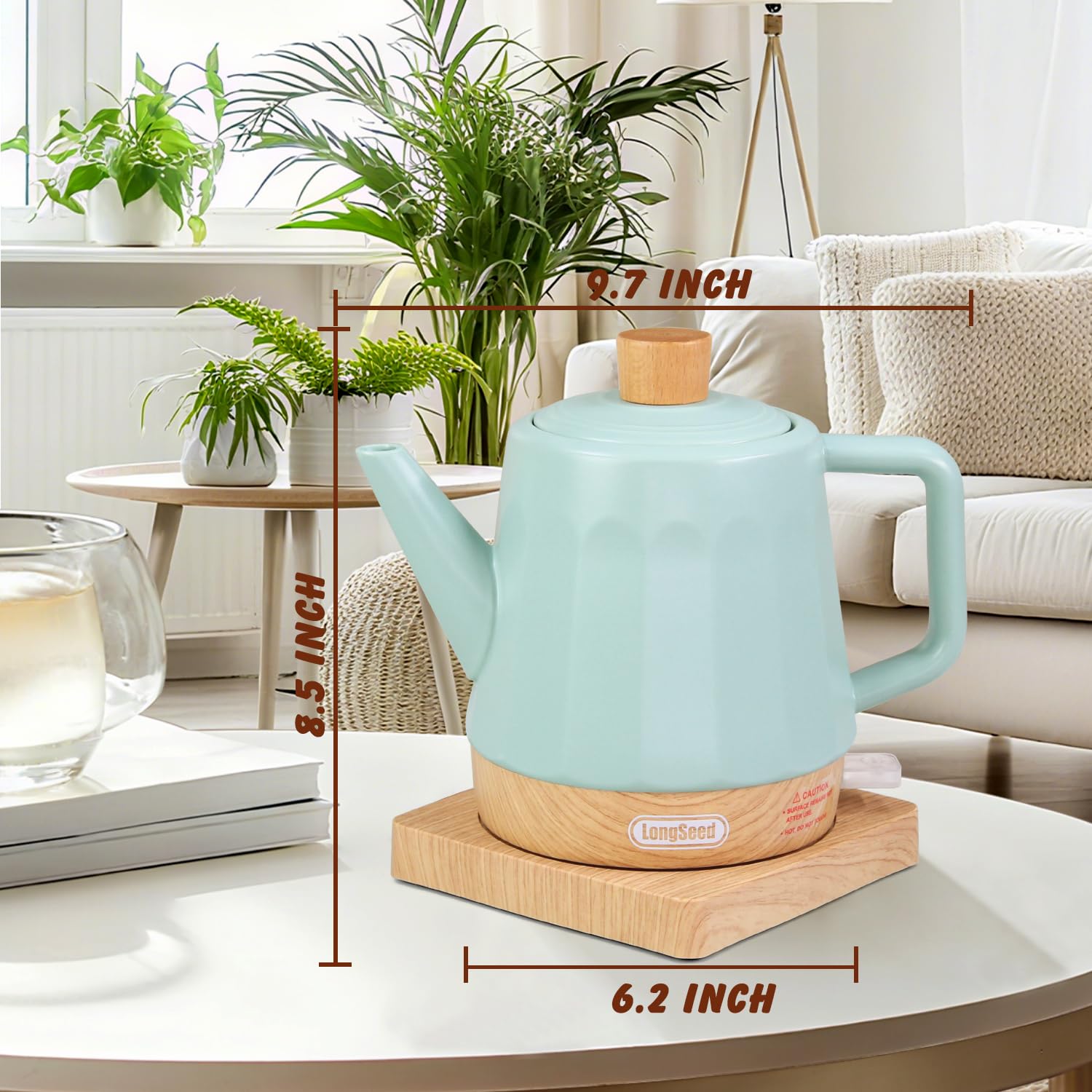 LONGSEED Electric Kettle Ceramic 1.2 qt, Automatic Shut Off, Fast Boiling Kettles Teapot, Hot Water Boiler For Coffee & Tea, Prevent Boil Dry, 1000W, Milky Green