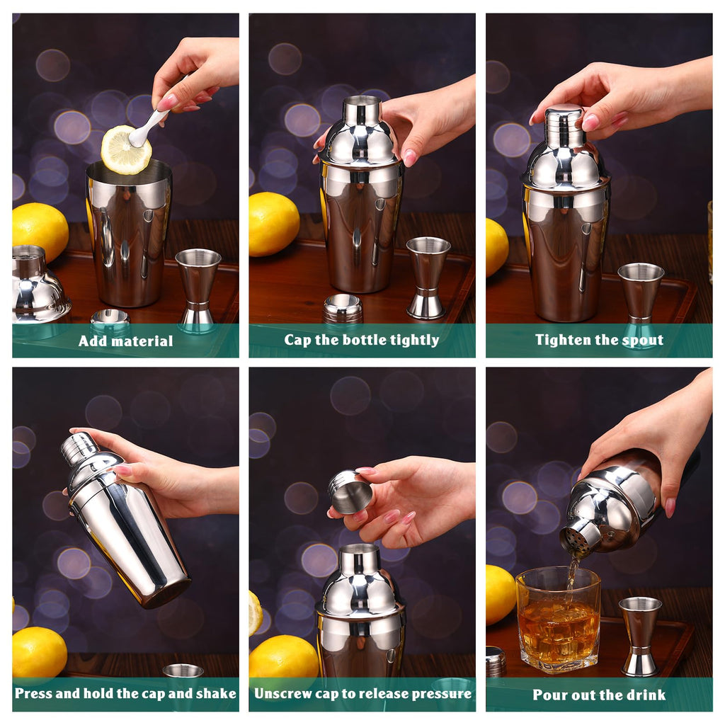Umigy Cocktail Shaker Set Martini Shaker Bulk Stainless Steel Martini Mixer with Strainer and Double Measuring Jigger for Bar Party Home Use Wine Bar(18 Oz/ 550 ml,8 Packs)