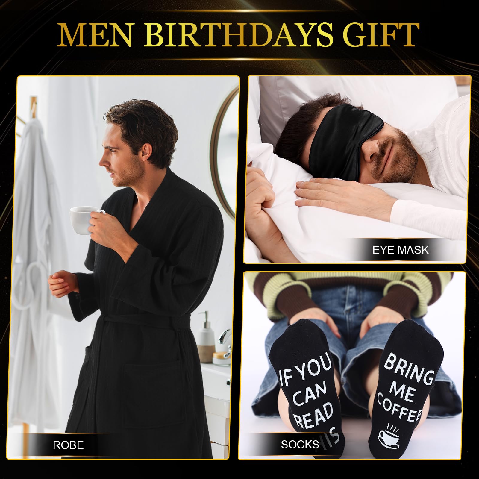 Afarnook 13 Pcs Birthdays Gifts Baskets for Men Get Well Gifts Set for Men Father's Day Gift Box Tumbler Wallet Robe Scented Candle Notebook Sock Bracelet for Father Dad Boyfriend Husband(Black)