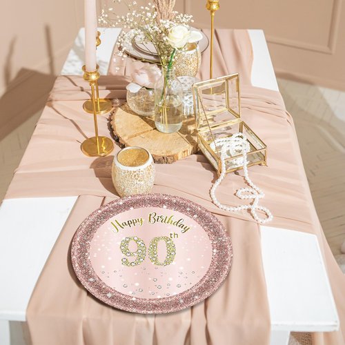 Fitoyplak 90th Birthday Decorations,50Pcs 7" 90th Birthday Paperplates,Rose Gold 90 Years Party Tableware Cake Plates,for Happy 90th Anniversary Party Decorations Supplies