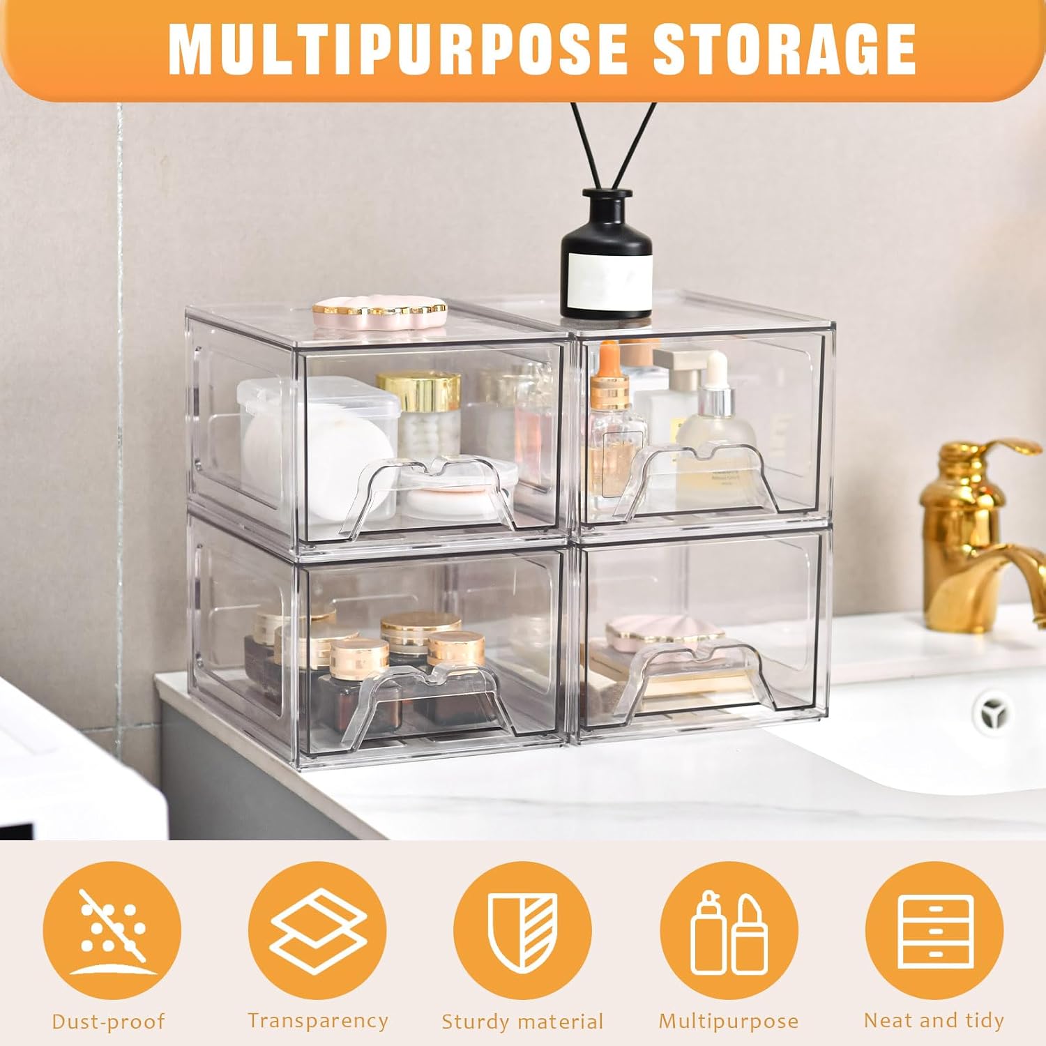 Stebopum Stackable Makeup Organizer - 6 Pack Clear Acrylic Storage Bins with Pull-Out Handle | 4.4'' Tall for Vanity & Bathroom