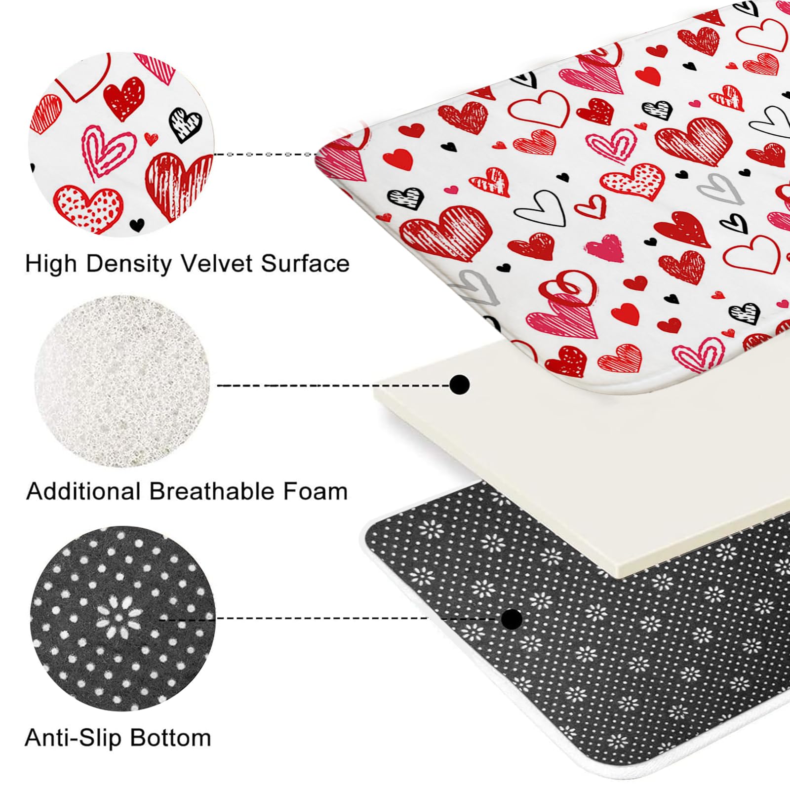 Mocsicka Valentines Shower Curtain Set for Bathroom, 4Pcs Doodle Style Red Heart Valentine Bathroom Sets with Non Slip Rugs, Toilet Lid Cover, Bath Mat, Shower Curtain, Bathroom Decor with 12 Hooks