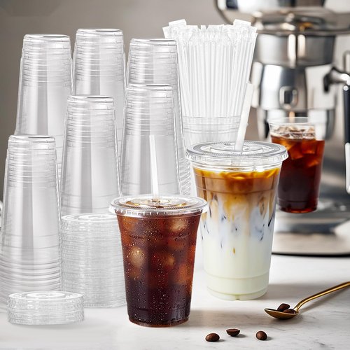 cundao 100 Pack 16 oz Clear Plastic Cups with Lids and Straws, [Leak-Proof & Crack-Resistant] Disposable Iced Coffee Cups for Smoothies, Bubble Tea, Juice and Cold Drinks, BPA Free