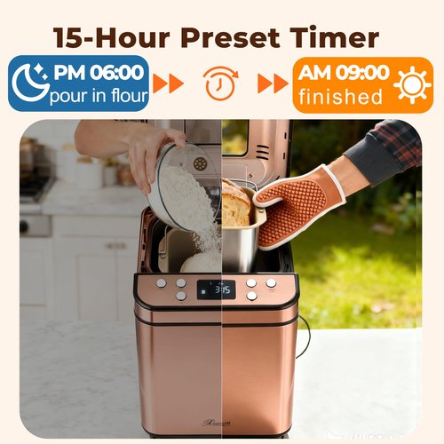Rosewill 25-in-1 Automatic Bread Maker Machine with 3 Loaf Size up to 2 Lb, 700W High Power Dual Heater Bread Maker with BPA-free Nonstick Coating Pan, Max 15 Hours Delay Timer, Low Noise - Cinnamon