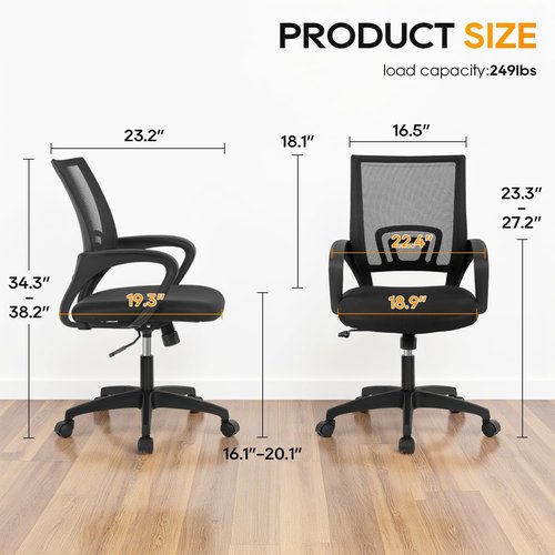 BestOffice Ergonomic Office Chair - Mid-Back Swivel Desk Chair with Breathable Backrest & Lumbar Support - Adjustable Height & Rolling Wheels - Dark Black for Adults & Women