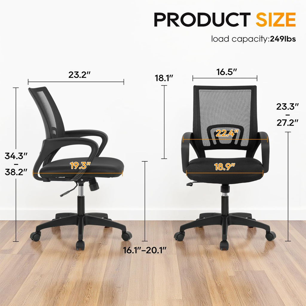 BestOffice Ergonomic Office Chair - Mid-Back Swivel Design with Breathable Backrest & Lumbar Support - Adjustable Height, Sponge Seat, Rolling Wheels - Dark Black for Adults & Women