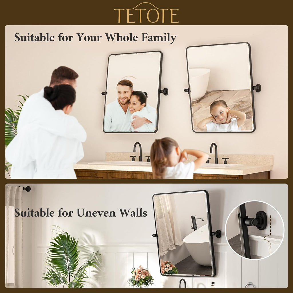 TETOTE Pivot Mirror - Modern Farmhouse Matte Black Rectangle Vanity Mirror | 20 x 30 Inches, Adjustable Beveled Glass