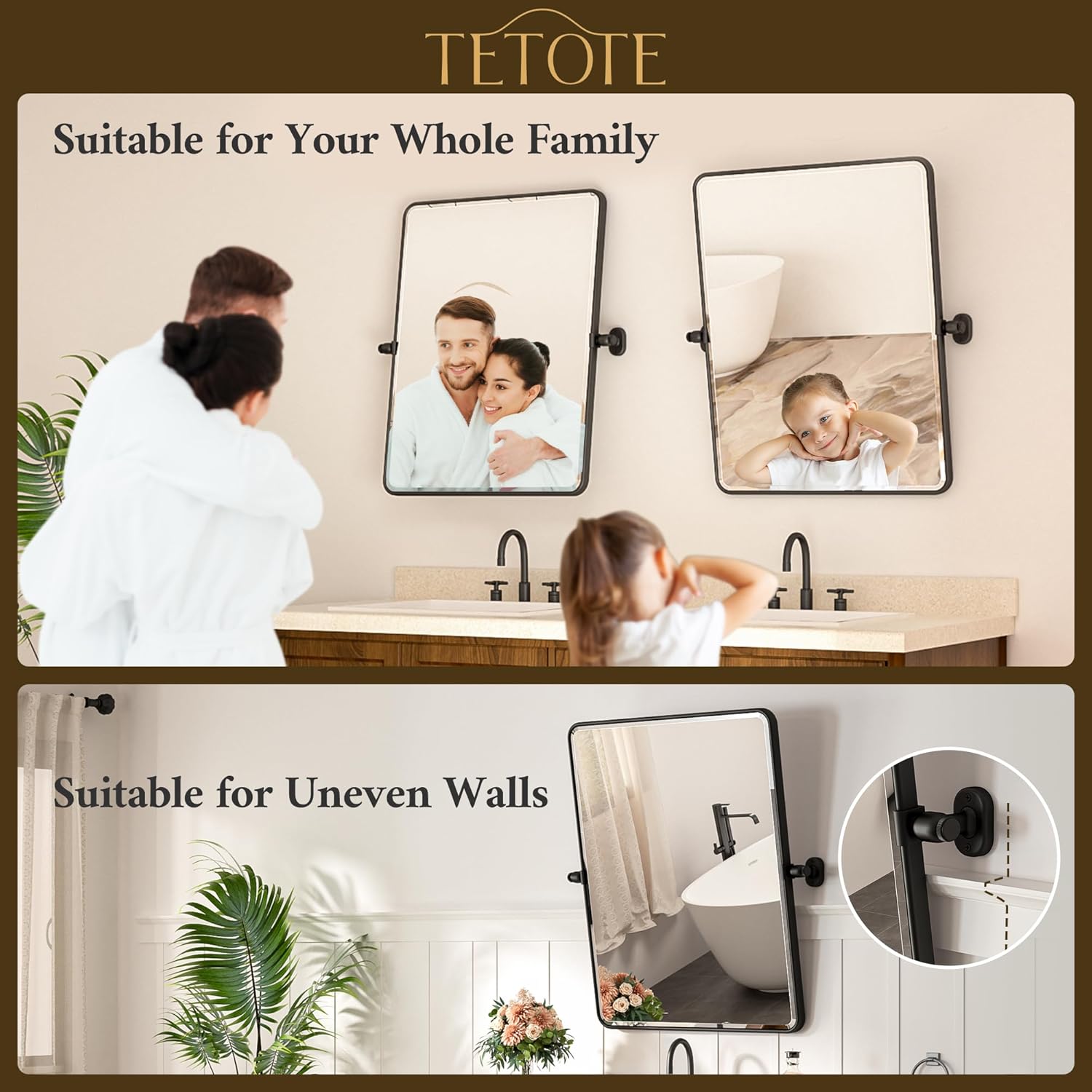TETOTE Pivot Mirror - Modern Farmhouse Matte Black Rectangle Vanity Mirror | 20 x 30 Inches, Adjustable Beveled Glass