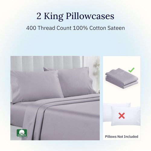 California Design Den King Size Pillowcase Set - 400 Thread Count 100% Cotton Sateen | Soft Breathable Dusky Lavender Grey