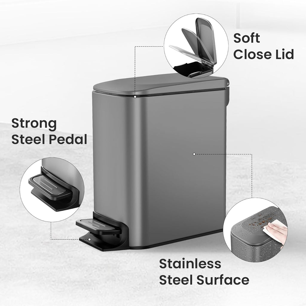 Cesun Stainless Steel Bathroom Trash Can - 6L Soft Close Lid & Step Pedal | Anti-Fingerprint Gray Finish