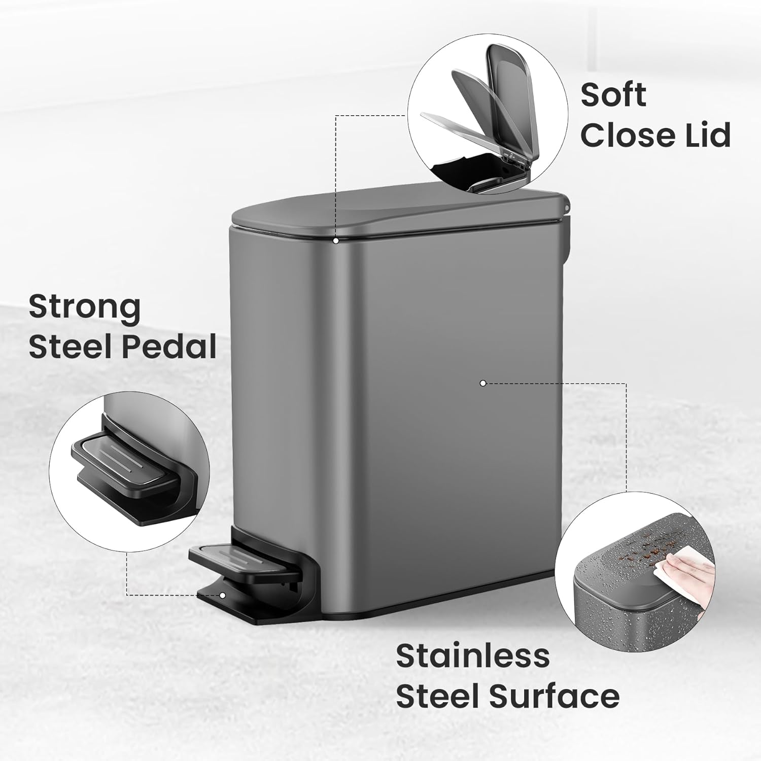 Cesun Stainless Steel Bathroom Trash Can - 6L Soft Close Lid & Step Pedal | Anti-Fingerprint Gray Finish
