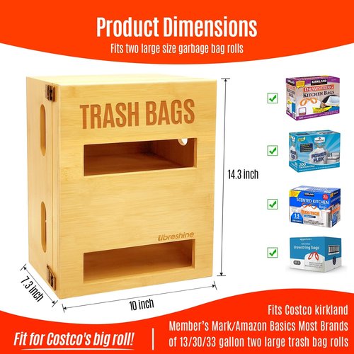 Libreshine 2-in-1 Extra Large Bamboo Trash Bag Dispenser Holder - Wall Mount Garbage Bag Organizer for Costco/Sam's Club Rolls, Space-Saving Kitchen/Pantry/Laundry/Garage Storage with Non-Slip Base