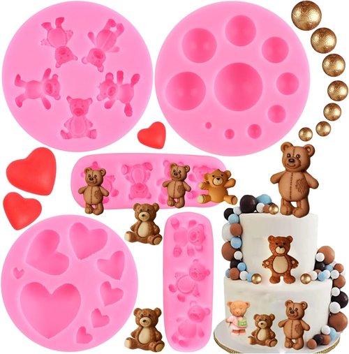 Bear Silicone Fondant Mold - Set of 5 Bear-Shaped Chocolate Candy Molds for Cake Decoration