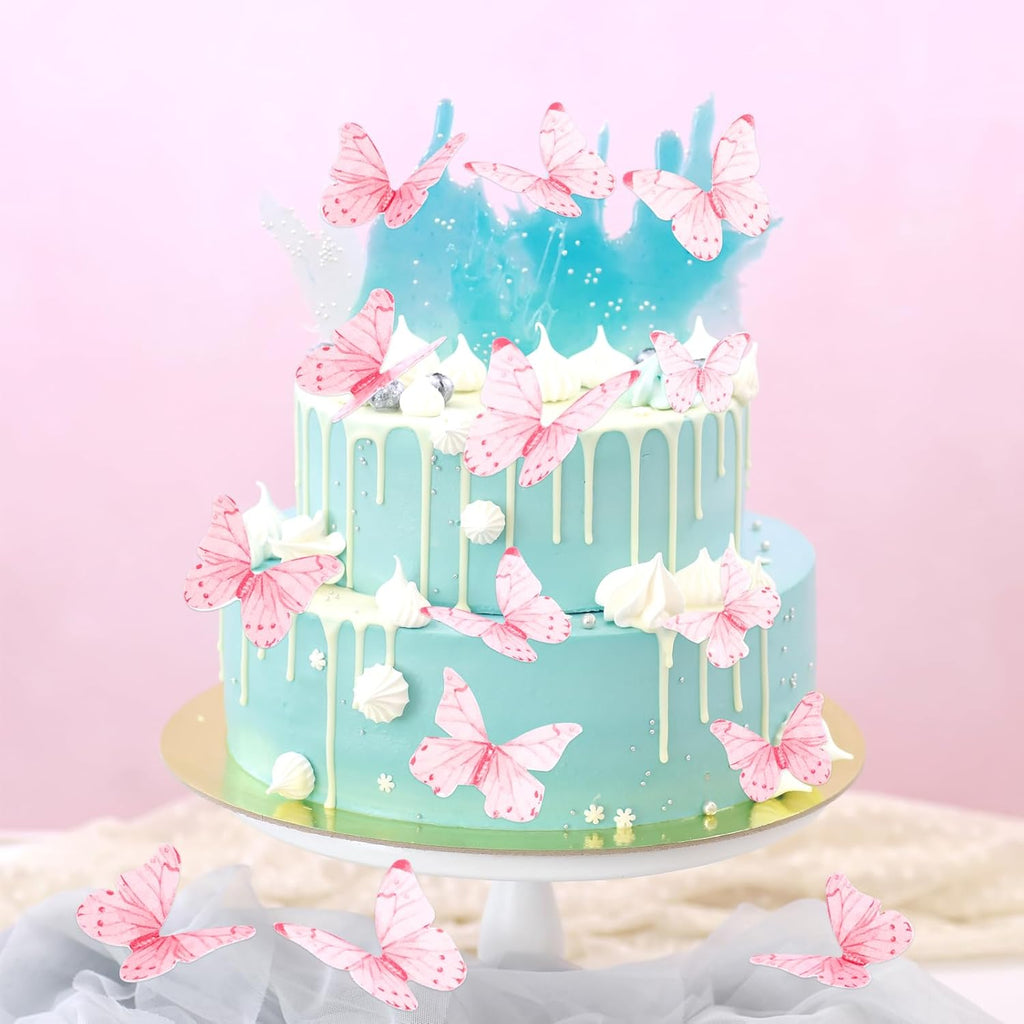 Skiennix Pink Butterfly Cake Decorations - 40 Edible Wafer Paper Cupcake Toppers for Parties